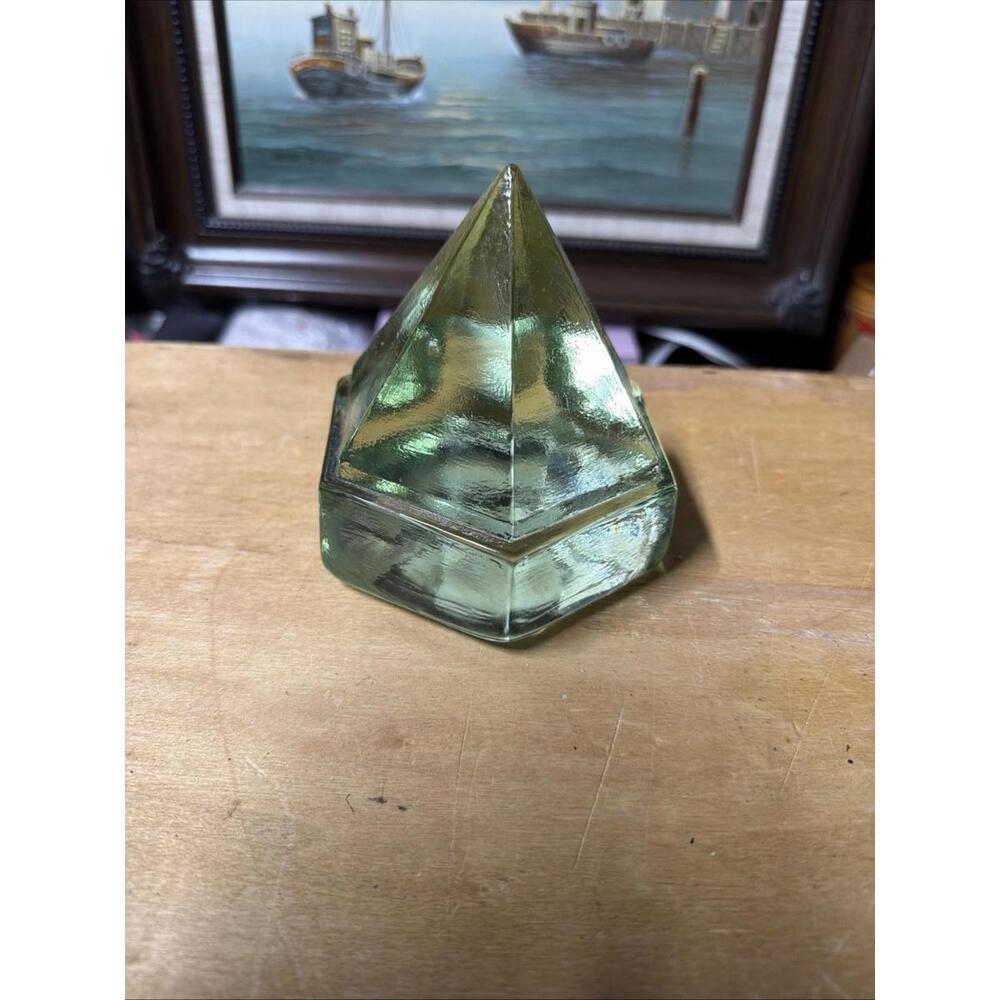 Green Glass Pyramid Paperweight Vintage Art Glass Geometric Heavy